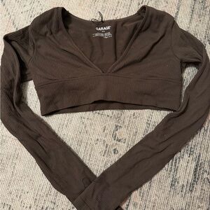 Garage Deep Brown Ribbed Long Sleeve Crop Top